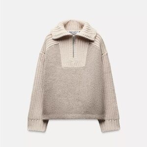 NEW Zara Ecru Cream Wool Blend Knit Zipper Sweater in Medium/Large